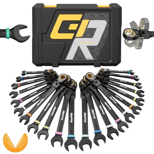 GRENPRO 23PCS Flex Head Ratcheting Wrench Set SAE & Metric Mechanic Tools | 1/4"-3/4"&6-18MM Bolt Gauge, Electro-Coated 72-Tooth 180-Degree Flex Head 12Pt, Color Rings, Roll Pouch For Auto&Home Repair - style: Flex Head Ratcheting Wrench Set with Color Ri