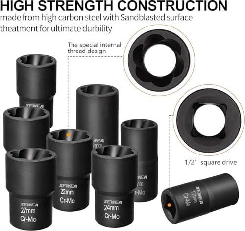 XEWEA 15PCS 1/2" Drive Lug Nut Removal Tools, Striped Wheel Lock Removal Kit Easy Out Twist Socket Extractor Set for Damaged, Frozen, Rusted, Rounded-Off Bolts Nuts & Screws - color: 15pcs 1/2" Drive