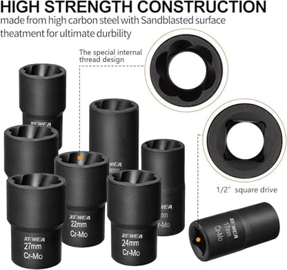 XEWEA 15PCS 1/2" Drive Lug Nut Removal Tools, Striped Wheel Lock Removal Kit Easy Out Twist Socket Extractor Set for Damaged, Frozen, Rusted, Rounded-Off Bolts Nuts & Screws - color: 15pcs 1/2" Drive