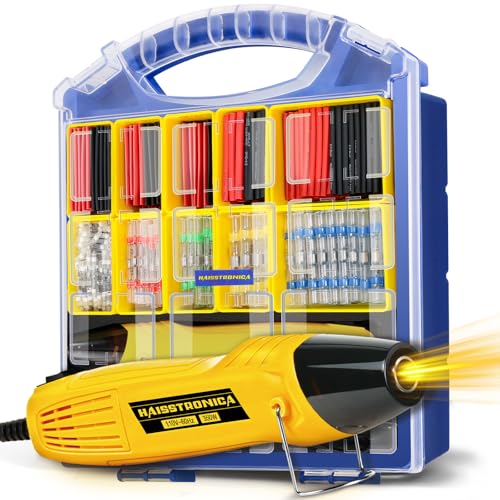 haisstronica All-in-One Solder Seal Wire Connectors with Tubing Set, Mini Heat Gun for Heat Shrink Tubing, Electrical Connectors Assortment, Organizer Box with Removable Dividers(340PCS) - size: 340PCS
