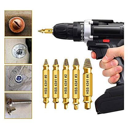 HSS 4341 Damaged Screw Extractor Set, 5-Piece Dual-Ended Drill Bit Kit, Sizes #0-#4, for Stripped, Broken, and Rusty Screws, Superb Gift for Men | High Speed Steel | Gold - style: 60326-G5