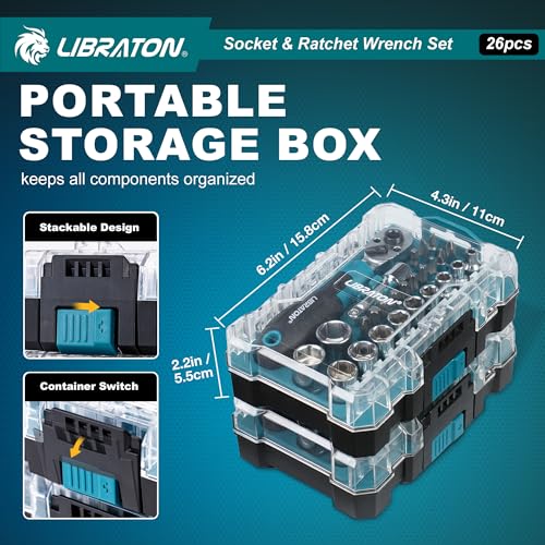 LIBRATON 26PCS 1/4" Drive Mini Socket & Ratchet Wrench Set with Bits, 4-14mm Metric Shallow Sockets, Mini Ratchet Set, Screwdriver Bit Set, Extension Bar, with Storage Case for DIY, Auto Repair