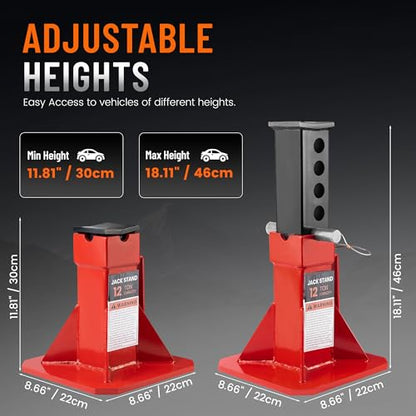 12 Ton Jack Stands, Heavy Duty Jack Stand for Cars and Truck, Low Profile Steel Jack Stands Set of 2, 26,400 lbs Jackstands with Lock and Adjustable Height, Red - size: 12 Ton
