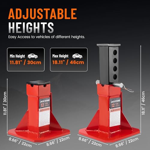 Heavy Duty Jack Stands 12 Ton (24,000 lb) Capacity, 2-Pack, Red | Low Profile Design, Pin Lock Mechanism, Adjustable Height Range, Fits Car SUV Truck Pickup, Steel Construction, 2 Pack Set - size: 12 Ton