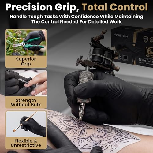FifthPulse 6 Mil Black Nitrile Gloves, Heavy Duty Mechanic and Food Grade Glove - Powder-Free, Latex-Free Medical Exam Gloves - style: Large