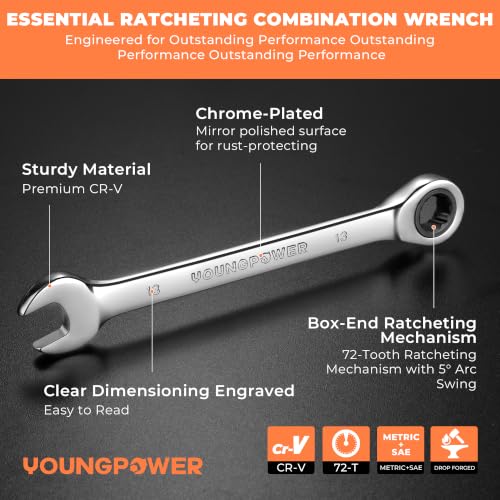 YOUNGPOWER 22-Piece Ratcheting Wrench Set, SAE & Metric, 1/4"-3/4" & 6-18mm | Chrome Vanadium Steel, Mirror-Polished, Corrosion Resistance, 72-Tooth with 5-Degree Swing Arc, Storage Case, Engine Repairs - size: 1/4"-3/4" & 6-18mm