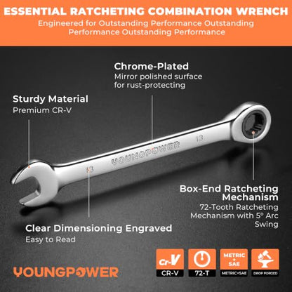 YOUNGPOWER 22-Piece Ratcheting Wrench Set, SAE & Metric, 1/4"-3/4" & 6-18mm | Chrome Vanadium Steel, Mirror-Polished, Corrosion Resistance, 72-Tooth with 5-Degree Swing Arc, Storage Case, Engine Repairs - size: 1/4"-3/4" & 6-18mm