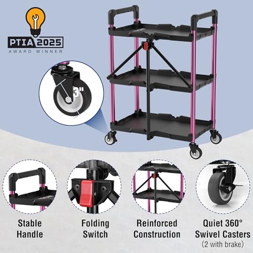 WORKPRO 3-Tier Collapsible Utility Cart, 210 LBS Cart with Wheels | No Assembly Required, Foldable Service Cart with Spacious Shelves for Garage, Warehouse, Office & Home Use, Black/Pink - color: Black/Glossy Pink
