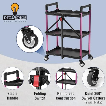 WORKPRO 3-Tier Collapsible Utility Cart, 210 LBS Cart with Wheels | No Assembly Required, Foldable Service Cart with Spacious Shelves for Garage, Warehouse, Office & Home Use, Black/Pink - color: Black/Glossy Pink