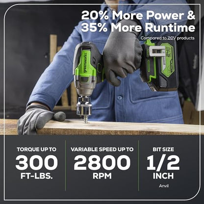 Greenworks 24V Brushless 1/2" Cordless Impact Wrench (3 Speed / 300 ft.-lbs. / LED Light), 4.0Ah Battery and Compact Charger Included - size: 300 ft.-lbs., style: w/4Ah Battery