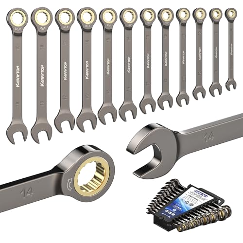 12-Piece Ratcheting Wrench Set (Metric),72 Teeth Ratchet Combination Wrenches Set with Organizer Rack,Cr-V Steel,8-19mm(12PCS),Black Nickel Handle with Golden Ratchet - color: Fixed Head