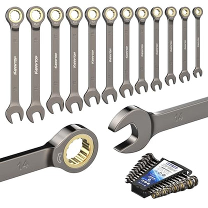 12-Piece Ratcheting Wrench Set (Metric),72 Teeth Ratchet Combination Wrenches Set with Organizer Rack,Cr-V Steel,8-19mm(12PCS),Black Nickel Handle with Golden Ratchet - color: Fixed Head