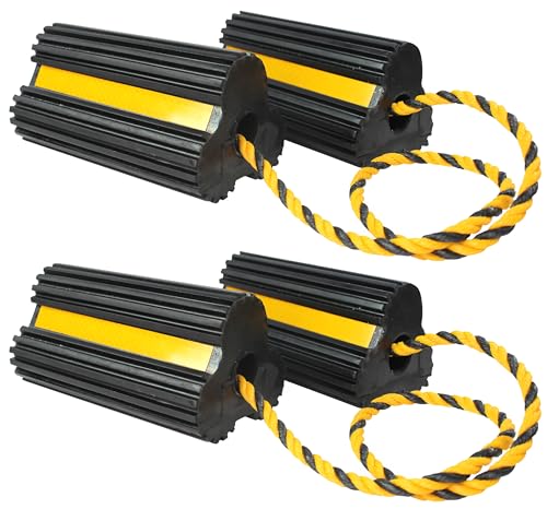MAXXHAUL 51244 Solid Rubber Wheel Chock, 4 Pack, Heavy Duty with Nylon Rope, Yellow Reflective Tape, 7.8x4.1x3.9 Inch, for RV Trailer Truck Car