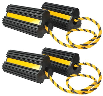 MAXXHAUL 51244 Solid Rubber Wheel Chock, 4 Pack, Heavy Duty with Nylon Rope, Yellow Reflective Tape, 7.8x4.1x3.9 Inch, for RV Trailer Truck Car