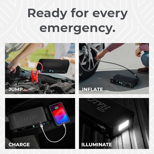 HALO Bolt Air 58830 Portable Car Battery Jump Starter | 100 PSI Air Compressor, 58.8Wh USB Power Bank, Emergency Floodlight & Charger, Jumps Cars SUVs & Trucks, Inflates Tires, TSA Approved — Black - color: Black Graphite