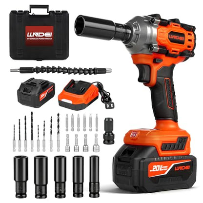 LLNDEI Cordless Impact Wrench 1/2 Inch, Power Impact Gun Kit, Max 550N.M/405Ft-lbs, 3900RPM, High Torque Electric Impact Driver with Drill Bits, Screwdriver Bits and sockets