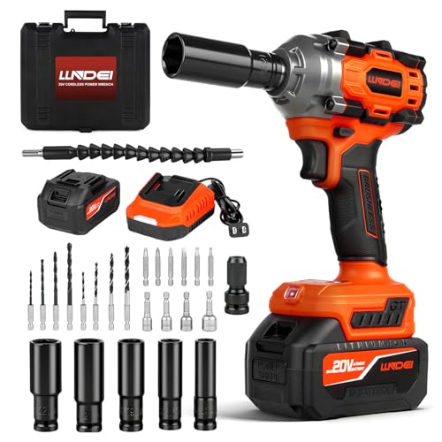 LLNDEI Cordless Impact Wrench 1/2 Inch, Power Impact Gun Kit, Max 550N.M/405Ft-lbs, 3900RPM, High Torque Electric Impact Driver with Drill Bits, Screwdriver Bits and sockets