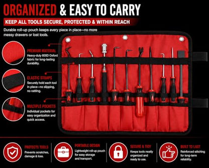 11-Piece Automotive Hook and Pick Set – Precision Pick Tool Kit with Magnetic Pickup Tool, Trim Remover & Storage Pouch for O-Rings, Seals, Hoses, Clips and Auto Repair