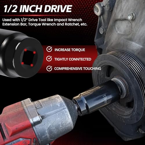1/2" Drive Weighted Crank Bolt Socket Set, 17MM, 19MM, 21MM, 22MM, 24MM 27MM, Harmonic Balancer Socket Set, Weighted Deep Impact Socket Set, 3 Times Momentum Power of Standard Impact Socket