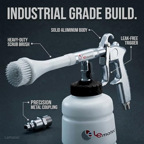 LE LEMATEC Interior Detailing Gun, Air Foam Car Wash Tool with Scrub Brush | Cleans Upholstery Carpet Vents Seats, Pneumatic Tornado Cannon, Solution Bottle, Auto Detail Kit - size: 3,000+ RPM