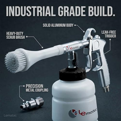 LE LEMATEC Interior Detailing Gun, Air Foam Car Wash Tool with Scrub Brush | Cleans Upholstery Carpet Vents Seats, Pneumatic Tornado Cannon, Solution Bottle, Auto Detail Kit - size: 3,000+ RPM