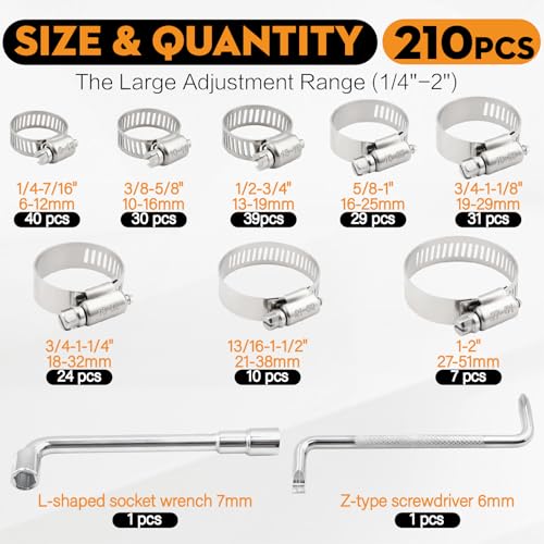 210PCS Stainless Steel Hose Clamps Assortment Kit, 1/4"-2"(6-51mm) 304 Worm Gear Heavy Duty Clamp Set, Radiator Clamps for Automotive Fuel Line Plumbing Pipe, with 2 Tools - size: 210 PCS