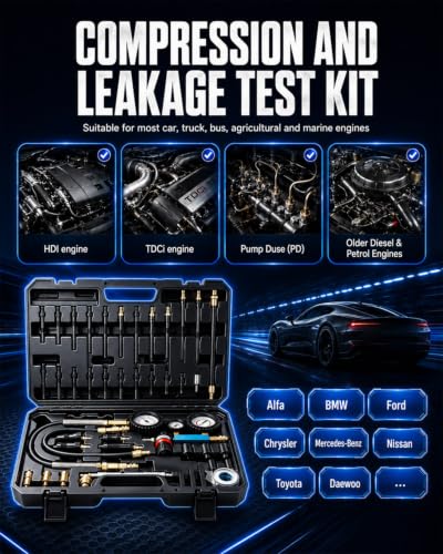 47PCS Compression and Leak Down Tester Kit for Diesel & Petrol | Dual Gauge Design, 0-700 PSI/0-50 Bar, HDi, TDCi, Pumpe Duse, Engine Compression And Leak Testing