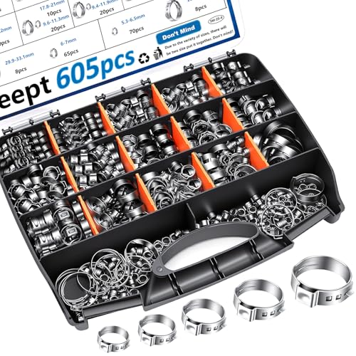 605Pcs 22 Sizes Single Ear Hose Clamps 5.3-33.1mm 304 Stainless Steel Crimp Hose Clamps Assortment Kit Perfect for Automotive/Home Appliance/Water Pipe and Fuel Line - color: Silver, size: 5.3-33.1mm 605pcs