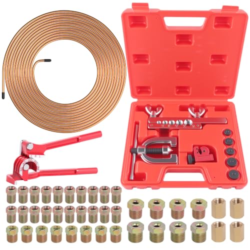 3/16" Brake Line Repair Kit, Double & Single Brake Line Flaring Tool Kit + 25ft 3/16 Inch Copper Coated Brake Line with 40 Pcs Fittings(4 Unions Included) + Brake Line Bender - color: Gold, size: 3/16"