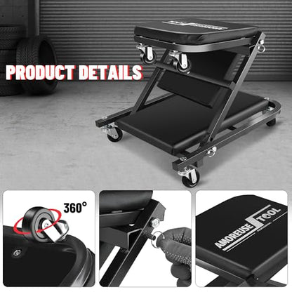 36" Folding Creeper with Tire Kit & 5 Boxes, 330 LBS, 6 Casters | Steel folding creeper converts to seat. Low 4.5" profile. Folds flat. 6 swivel casters. - color: Black with Tire Kit & Storage