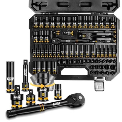BOEN Pro 1/4" Drive Impact Socket Set, 74-Piece SAE (3/16"-9/16") and Metric (4-15mm), 6-Point Deep & Shallow Kit with Deep Painted Marking, Cr-Mo, Includes Ratchet Handle,Universal Socket for DIYers