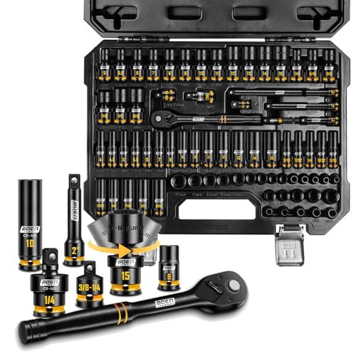 BOEN Pro 1/4" Drive Impact Socket Set, 74-Piece SAE (3/16"-9/16") and Metric (4-15mm), 6-Point Deep & Shallow Kit with Deep Painted Marking, Cr-Mo, Includes Ratchet Handle,Universal Socket for DIYers