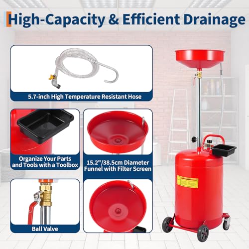 20 Gallon Waste Oil Drain Tank Portable Air Operated Oil Drainer with Adjustable Funnel Height 38-65 Inches 15 Inch Funnel Fluid Fuel Transfer Drain Container with 360 Degree Wheels and Toolbox Red
