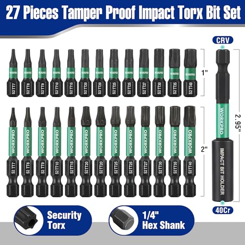 WORKPRO 27PCS 1"& 2" Magnetic Impact Torx Bit Set (TT7-TT40) | CNC Machined S2 Steel Security Tamper Proof Star Bits, Magnetic Tip, 1/4" Hex Shank, Long Bits with Extension & Storage Box - size: 1 in&2 in