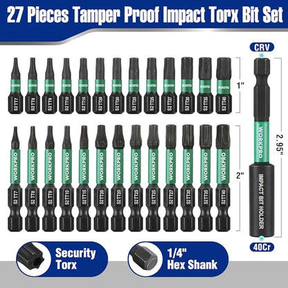 WORKPRO 27PCS 1"& 2" Magnetic Impact Torx Bit Set (TT7-TT40) | CNC Machined S2 Steel Security Tamper Proof Star Bits, Magnetic Tip, 1/4" Hex Shank, Long Bits with Extension & Storage Box - size: 1 in&2 in