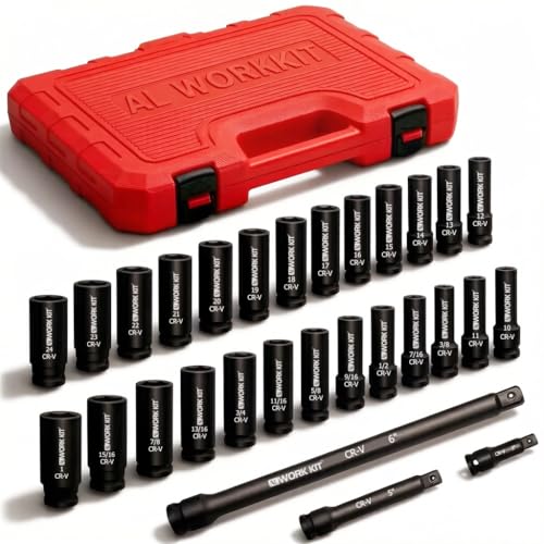 1/2" Drive Impact Socket Set 29-Piece, Cr-V-M Steel Deep Socket SAE(3/8" - 1") & Metric(10-24mm) Sizes, with Extension Bar Come with Storage Case - style: 1/2-29 pcs