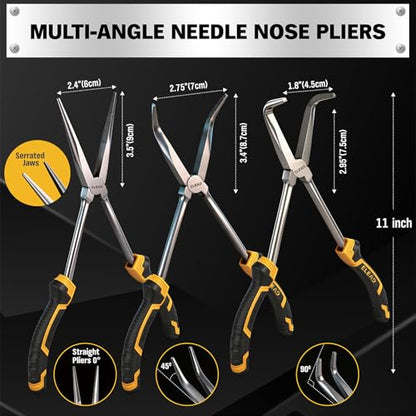 3-Piece 11 Inch Long Reach Pliers Set with 3 Magnetic Plier Racks, Extra Long Needle Nose Pliers Set Includes Straight, 45° & 90° Bent Nose Plier, Pliers Tool Set for Tight Spaces - style: 3pcs Long Reach
