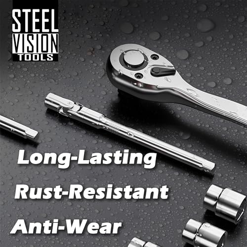 Steel Vision Tools 44-Piece 1/4" Drive SAE & Metric Socket Set, Shallow & Deep, Chrome Finish, 72T Ratchet & Extensions, Mechanic Tool Kit for Automotive & DIY Repair - size: 1/4"_SAE&Metric_44pc