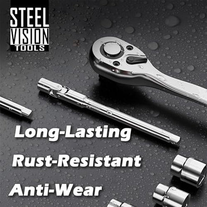 Steel Vision Tools 44-Piece 1/4" Drive SAE & Metric Socket Set, Shallow & Deep, Chrome Finish, 72T Ratchet & Extensions, Mechanic Tool Kit for Automotive & DIY Repair - size: 1/4"_SAE&Metric_44pc