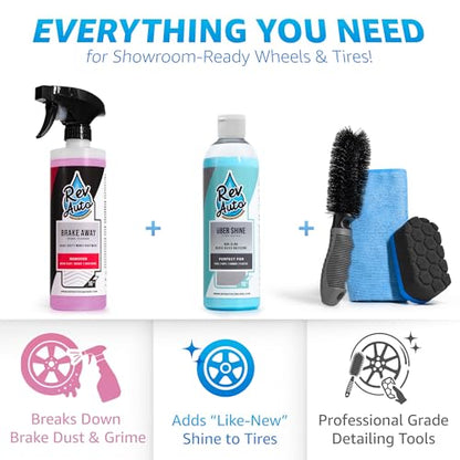 Rev Auto Complete Wheel and Tire Cleaner Kit - Removes Brake Dust & Adds Shine to Tires | Safe for OEM & Aftermarket | Includes Rim Cleaner, Detail Brush, Tire Shine, Applicator Pad, Towel (5-Piece)