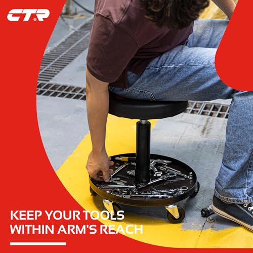 CTR Rolling Mechanic Shop Stool with Magnetic Tray, Heavy Duty Garage Stool