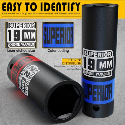14 Piece 1/2" Drive Impact Socket Set, 8 mm - 22 mm Deep Socket, Metric Socket Set With Adapter & Quick-Release Holder, 6 Point, CR-V, Automotive Maintenance, Machinery Manufacturing - size: 1/2" Deep Metric