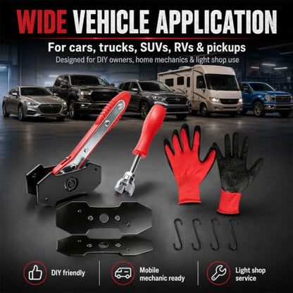 Brake Caliper Compression Tool & Drum Spring Installer | Disc Brake Pad Spreader, Brake Caliper Press Tools, with 2 Steel Plates, 4 Brake Caliper Hooks and Gloves for Cars SUV Trucks