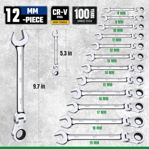 SK Flex-Head Ratcheting Wrench Set, Combination Wrench Set, 12-Piece, Metric 8 to 19mm, 72-Tooth, Premium CR-V Construction, with Rack Organizer - size: Metric