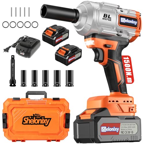 1/2" Cordless Impact Wrench, 1500N.m Orange | Kit features two 21V 4.0Ah batteries, 3 speeds, 5 sockets & case. 1500N.m high torque for heavy-duty auto and tire repairs - color: Orange