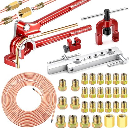 smseace 26Pack 3/16 Inch Brake line kit Include 25 FT Copper-Plated Brake Lines with Fitting(16pcs Fittings,2pcs Union+4pcs Nut) Brake line Bender,Single Flare Tool,Cutter 3/16 Inch Brake line kit - color: Gold-A, size: 3/16inch