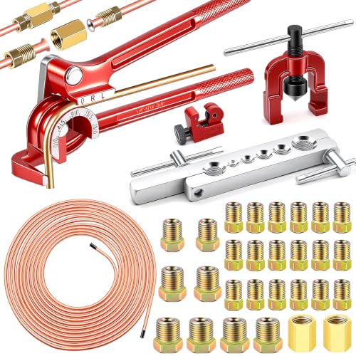 smseace 26Pack 3/16 Inch Brake line kit Include 25 FT Copper-Plated Brake Lines with Fitting(16pcs Fittings,2pcs Union+4pcs Nut) Brake line Bender,Single Flare Tool,Cutter 3/16 Inch Brake line kit - color: Gold-A, size: 3/16inch