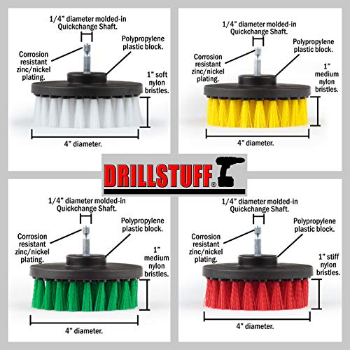 Drill Brush Attachment Power Scrubber Brush Set - 4in 4 Piece Soft, Medium and Stiff Power Scrubbing Brushes Drill Attachment – Spin Brushes for Cleaning Showers, Tubs, Bathroom, Tile, Grout, Carpet - size: 4in Diameter Brushes (4 Piece Set)