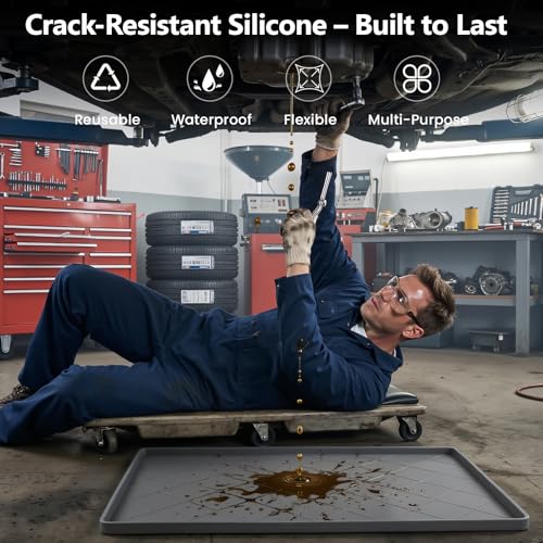 Oil Drip Pan for Under Car 34" x 22", Silicone Oil Spill Mat with 5 Absorbent Pads, Garage Drip Tray with 0.7" Raised Edge, Waterproof Non-Slip Floor Protector, Gray