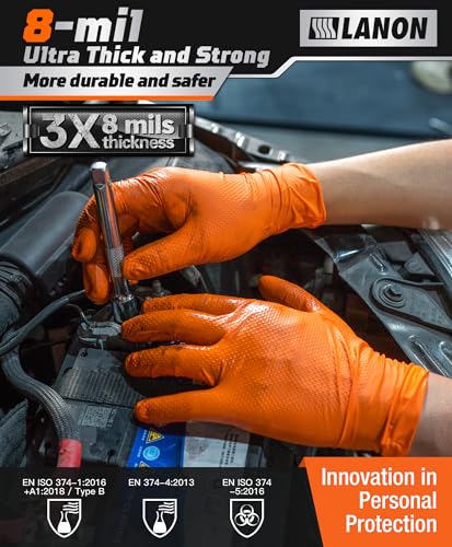 LANON 8mil Orange Disposable Nitrile Gloves, Mechanic, Heavy Duty, Food Safe, Latex Free, Powder Free, Fully-Diamond Textured, Medium - size: Medium (Pack of 100), style: 100 Pcs